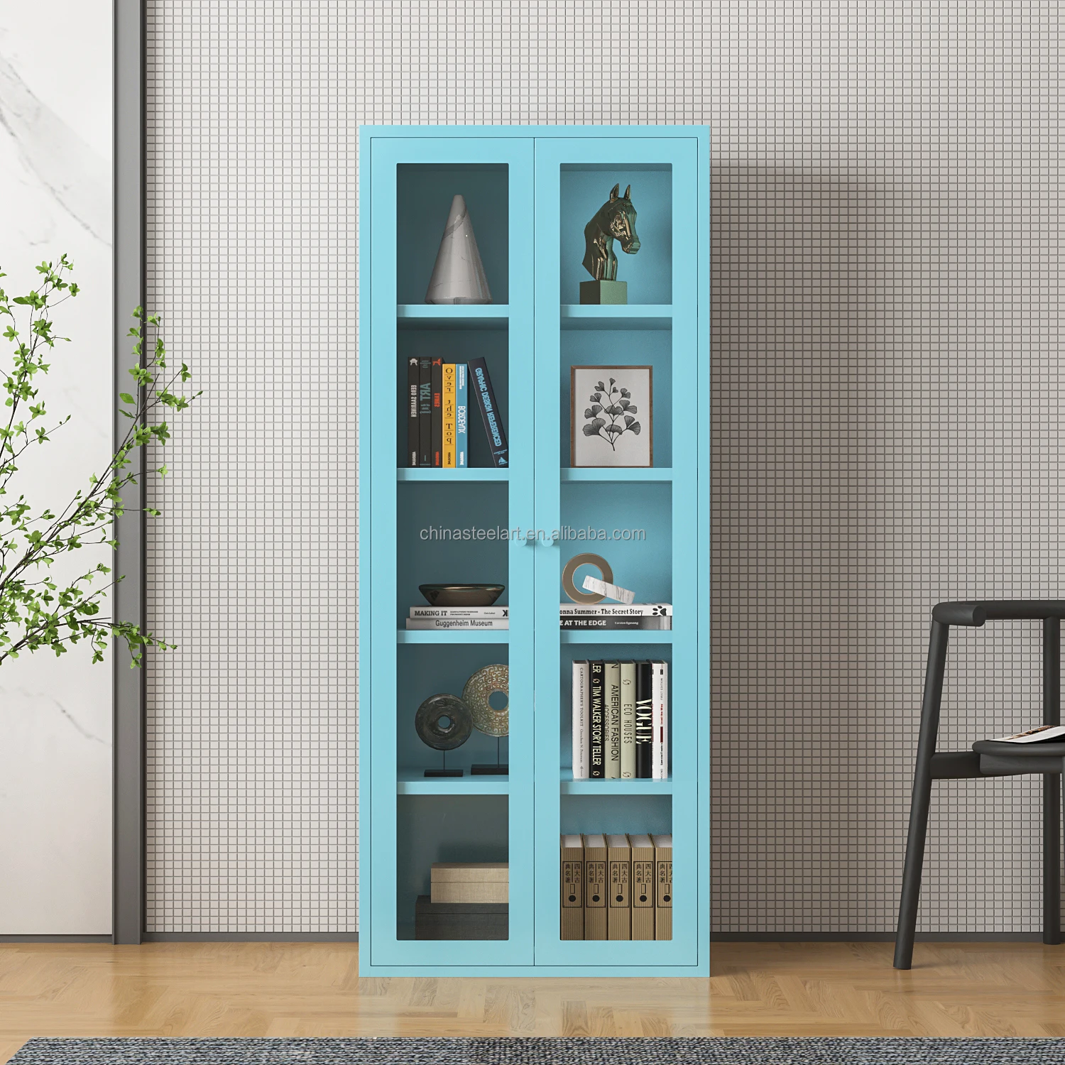 2 Swing Door Steel Storage CabinetH1700*W700*D350 with Glass Door Corner Steel Modern Floor Standing bookcase Office Furniture