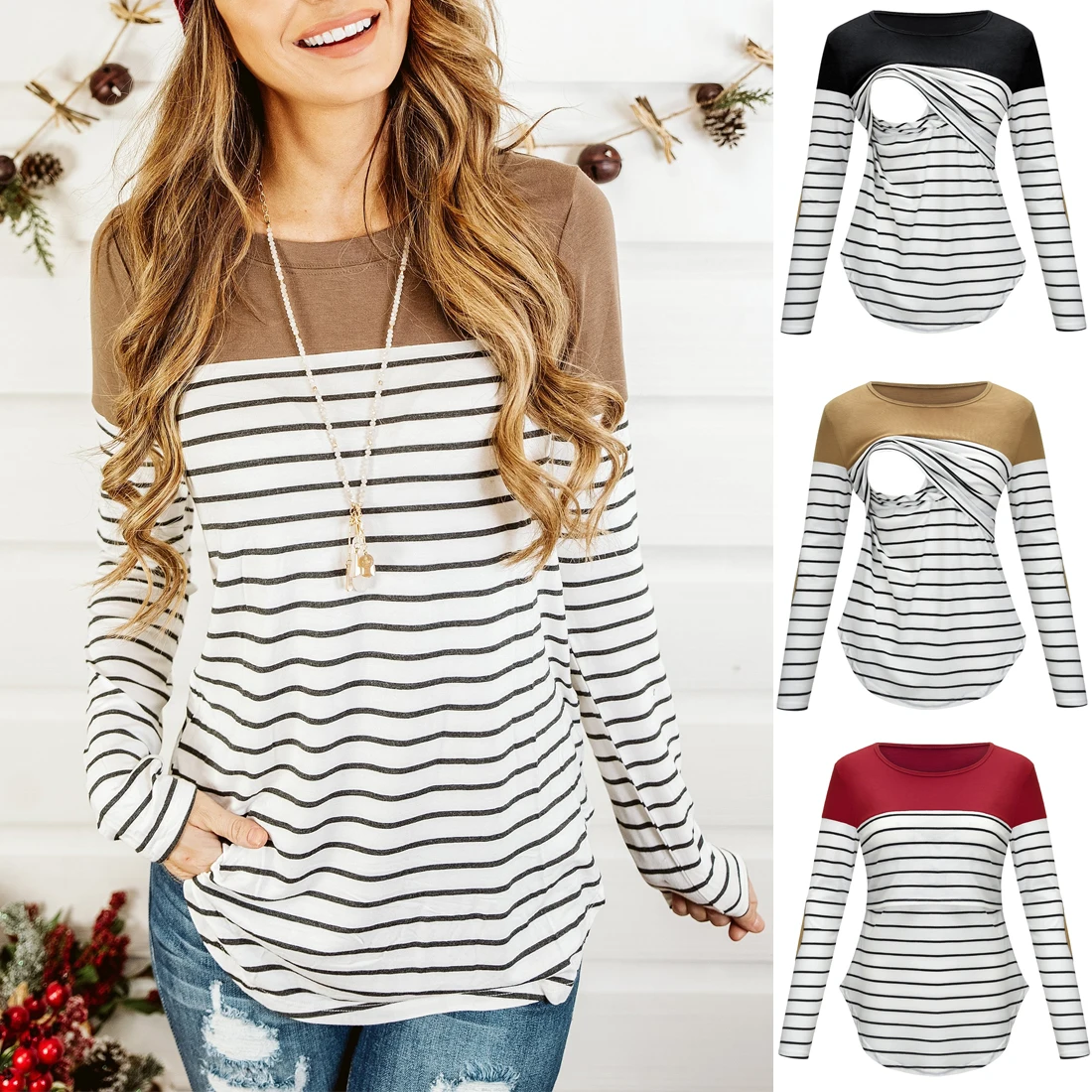 
2021 Casual Women Pregnant Maternity Clothes Nursing Tops Breastfeeding T-Shirt Pregnancy Maternity Striped Blouse 