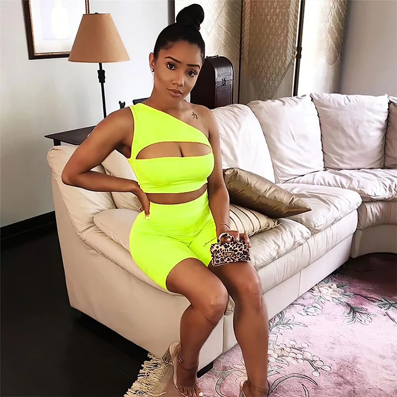 2022 Custom Logo Spring Off Shoulder Hollow Out Neon Color Crop Top High Waist Shorts Suits Casual Sporty Women 2 Piece Set