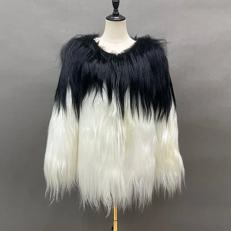 New Coming Black White Long Hair Fur Coat Women Stylish Goat Fur Coat