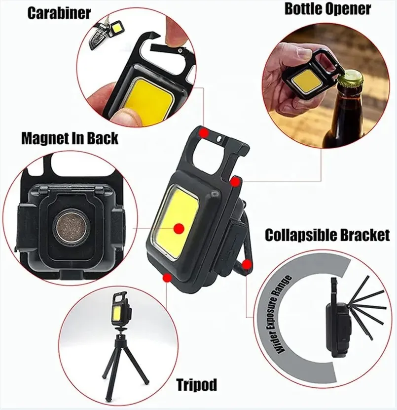 Rechargeable 4 Light Modes Portable Pocket Light Keychain Mini Flashlight With Bottle Opener,Magnet Base,Folding Bracket