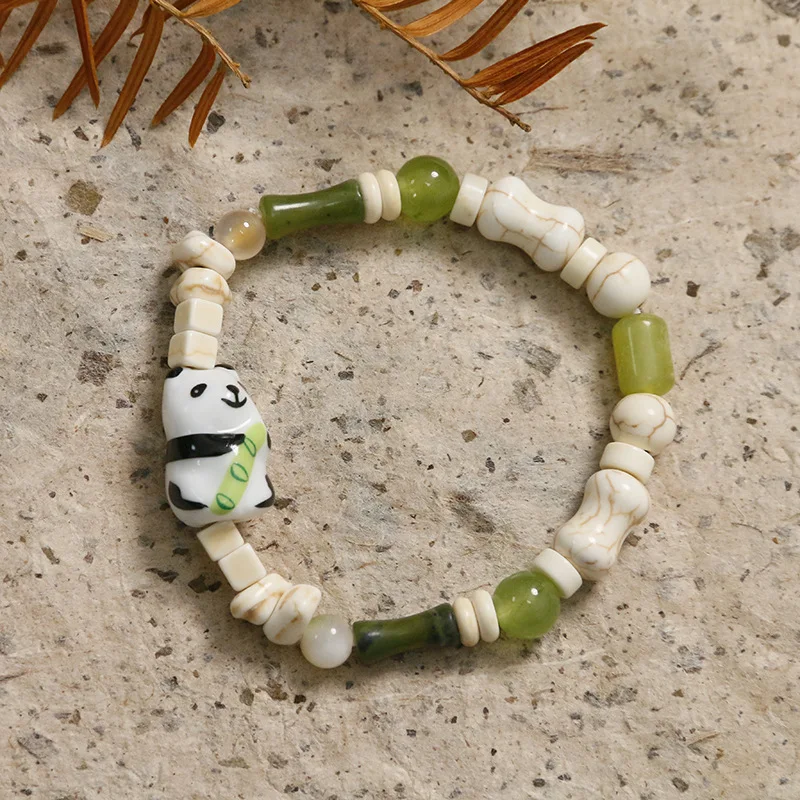 Chinese style Cute  Ceramic Panda Natural Turquoise Beaded Bracelet Fashion Jade  Bamboo Beads Bracelet for Men and Women