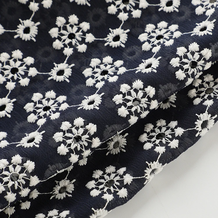 Quick delivery french casual black breathable embroider 70 polyester 30 cotton fabric for top garment