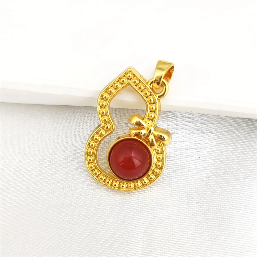 Ancient Gold Plated Copper Pendants Chinese Loong Red Jade Pendants Precious Stone Natural Carnelian Feather Gourd Amulet Charms