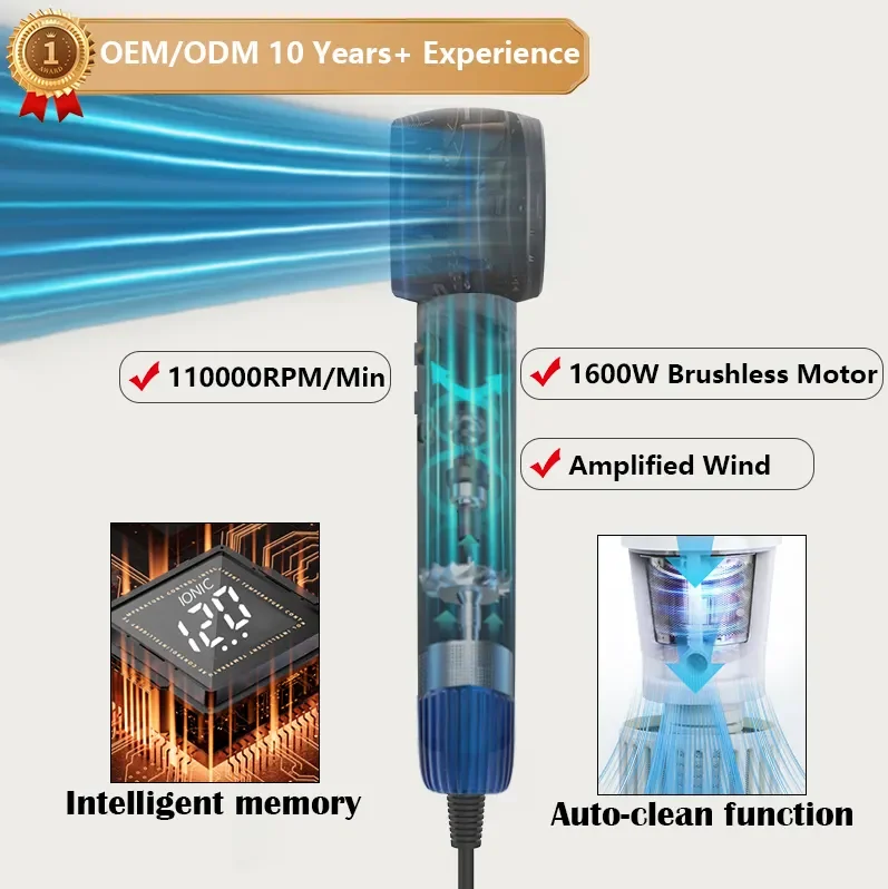 110 000 rpm blow dryer High-Speed hairdryer Negative Ions auto clean Private label bldc brushless air dryer with accessories