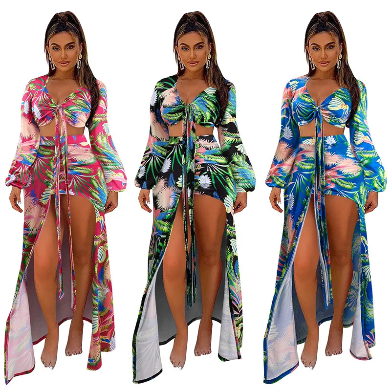 
2021 Hot Solid Color Sleeve V-Neck Print Big Swing Long Sleeve Swimwear & Beachwear Two Pieces Swimming Set Women Girls Bikini 