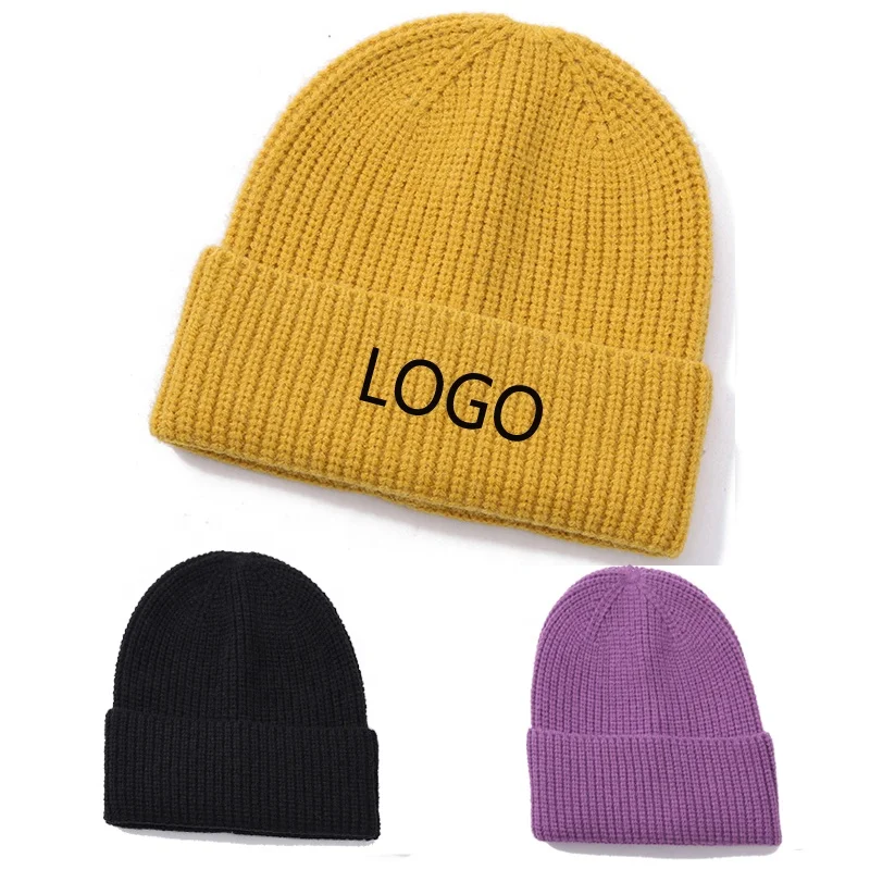 Premium Quality Custom Thick Warm Candy Solid Color Winter Hat Wool Knitted Snow Jacquard Gorros Ski Toque Hat Tuque Beanie Cap