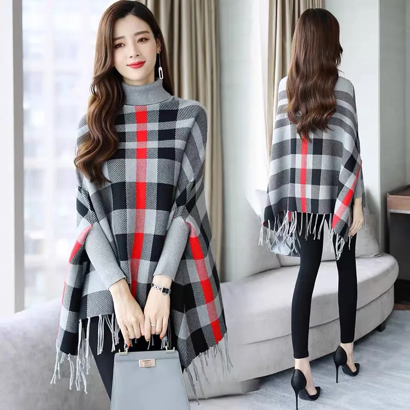 Fashion clothing loose-fitting plaid tassel poncho pullover women turtleneck shawl with sleeves