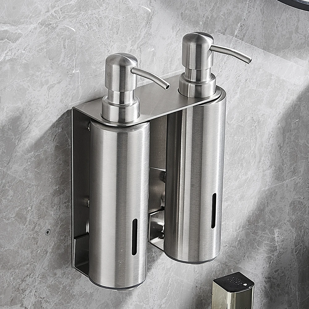 Double Soap Dispenser Refillable Wall Mounted Hotel Bathroom Hand Stainless Steel 304 Shampoo Dispensers