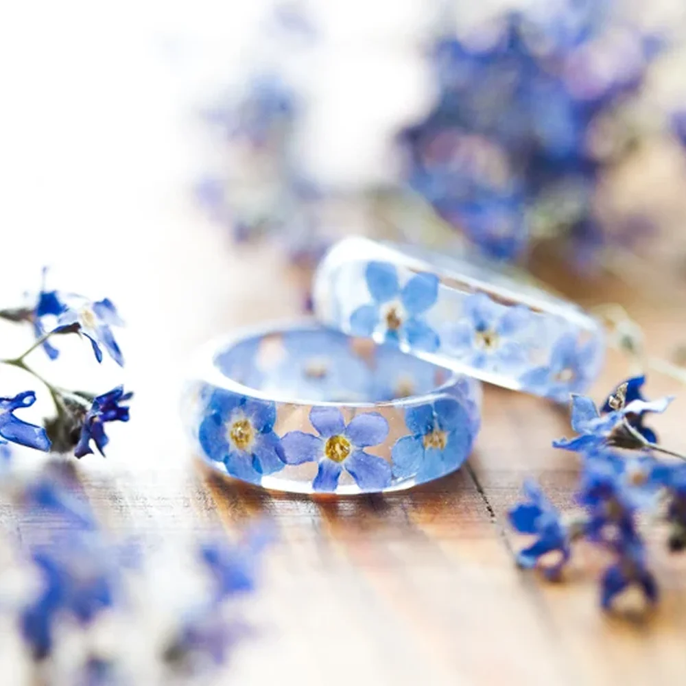 Factory Price Forest Series Forget Me Not Jewelry Transparent Epoxy Resin Real Flower Ring