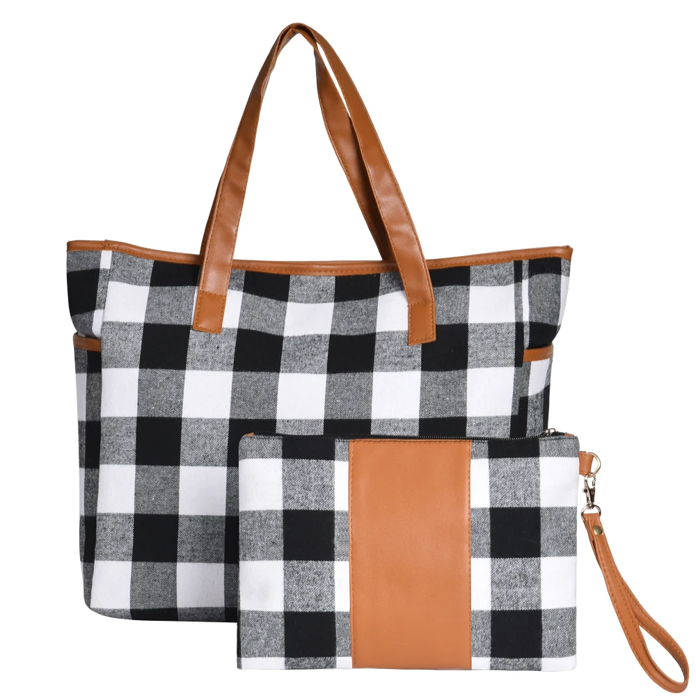 Christmas Buffalo Plaid Tote Bag Shoulder Check Cosmetic Set Red Black PU Travel Tote Bag for Woman