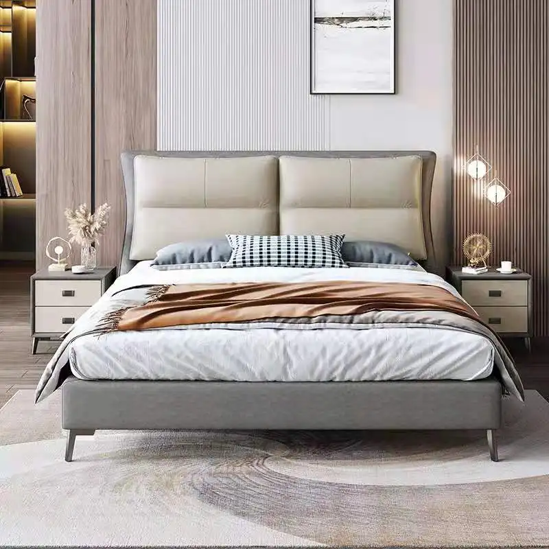 
Leather King Size Design Modern Style Bed Soft Bed Nordic Style Bedroom Master Bedroom 1.5M Double Wooden plus Faux Leather 