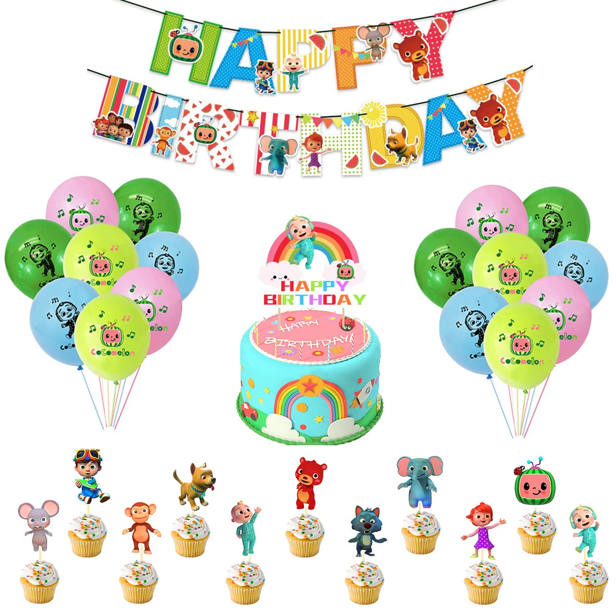 Cocomelon Theme Party Supplies Set Cocomelon Cake Topper Balloon Banner For Chidren Birthday Party Decoration
