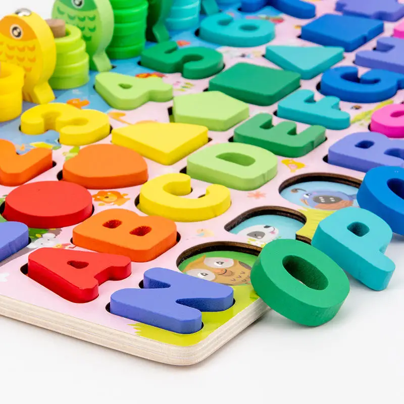 Wholesale Montessori Educational Mathematics Smart Games Fishing Sensory Toys, Geometric Shapes Wooden Toy for Kids