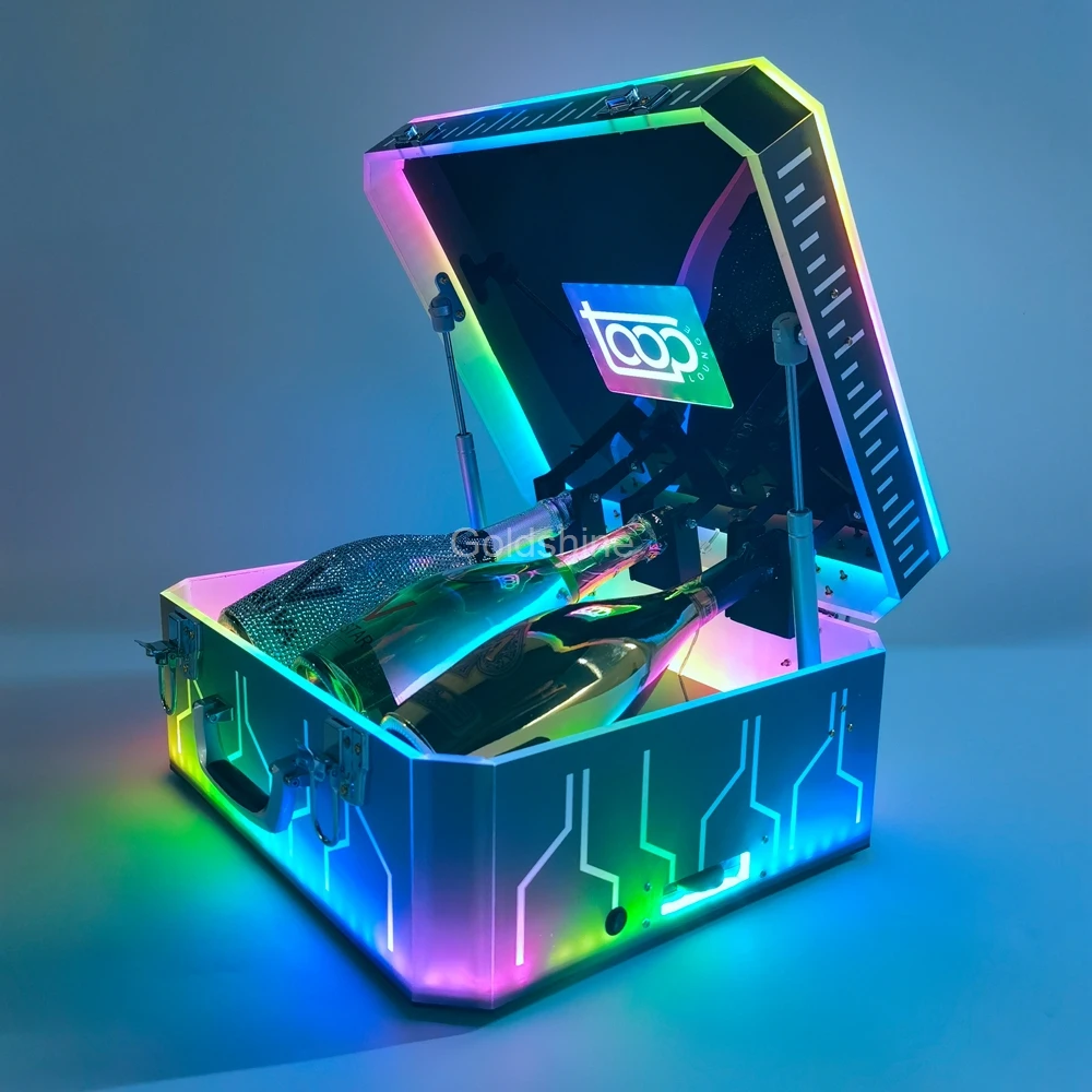 Custom Logo 3 Bottles Led Bottle Presenter Glorifier Acrylic LED Wine Display Box Suitcase Bottle Carrier Case for Nightclub Bar