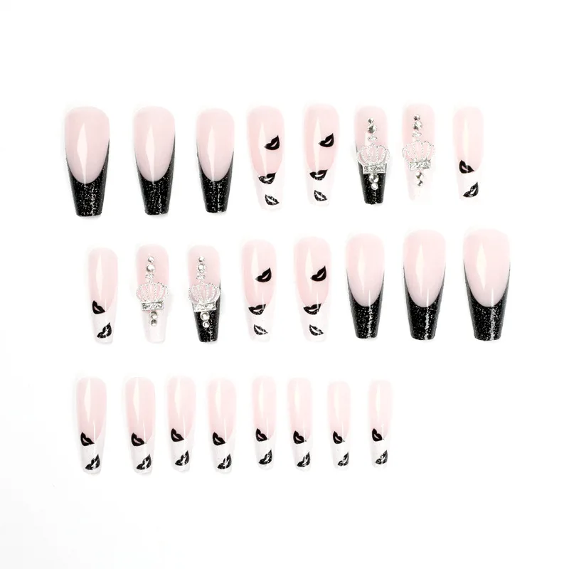 Custom Label 24pcs\box Luxury Black White Lip Crown Decoration False Nails XXL Extra Long Ballerina Press On Nails