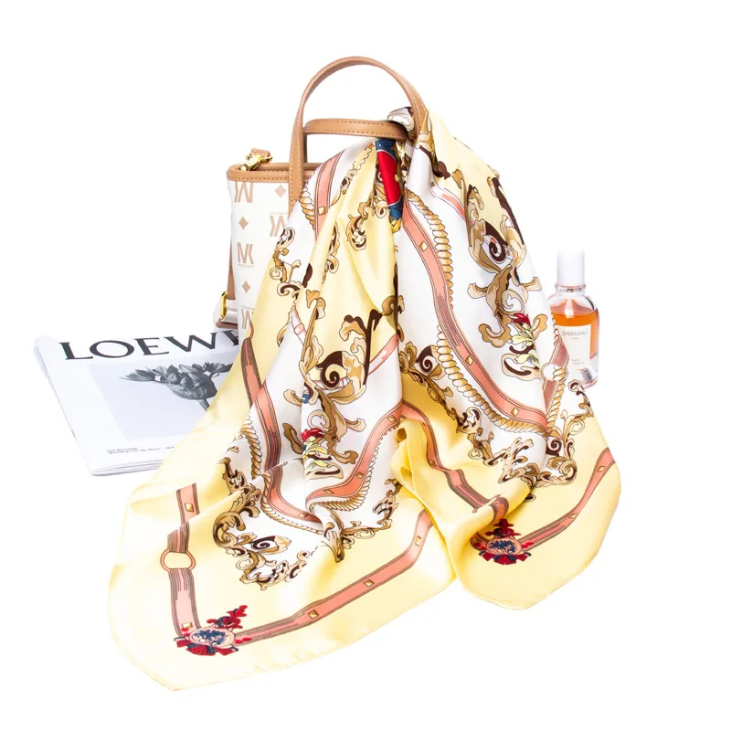 In Stock  fashion new arrival custom designer luxury satin silk scarf printing square 70*70cm satin shawl for women