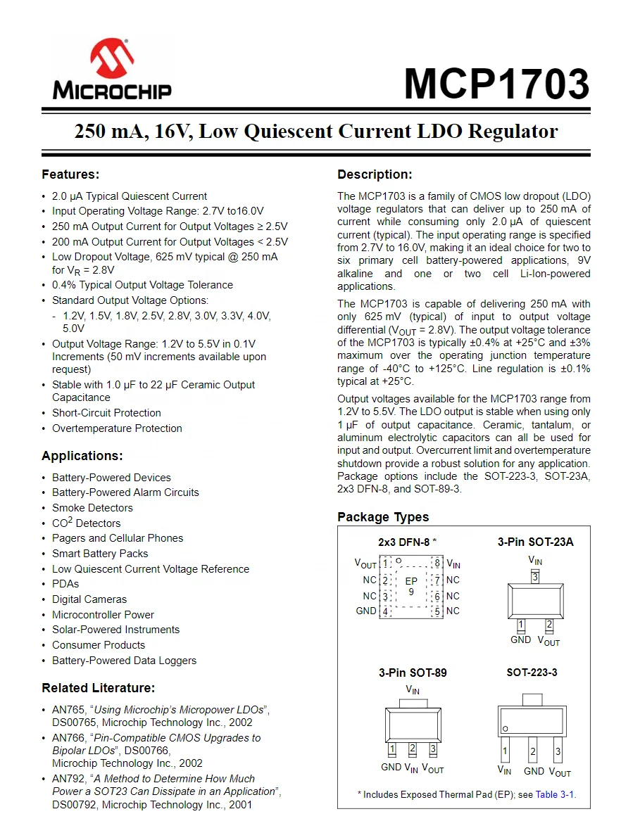 MCP1703T-3302E/MB Power Circuits LDO Regulator Pos 3.3V 0.25A 4-Pin(3+Tab) SOT-89 integrated circuits ic chip MCP1703T-3302E/MB