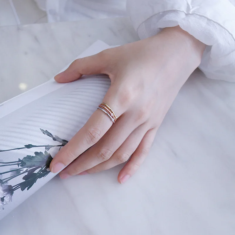 HJZ345 Simple Thin Diamond style Stacking Ring Sterling Silver adjustable Tricolor Minimalist ring