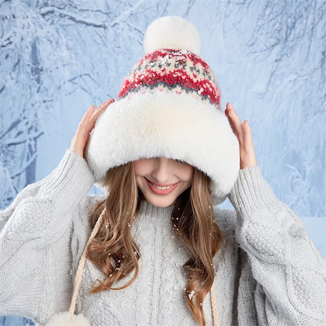 2024 New jacquard winter Large hooded collar big three fur balls acrylic thick fleece plush knitting beanie hat with 5 Colors