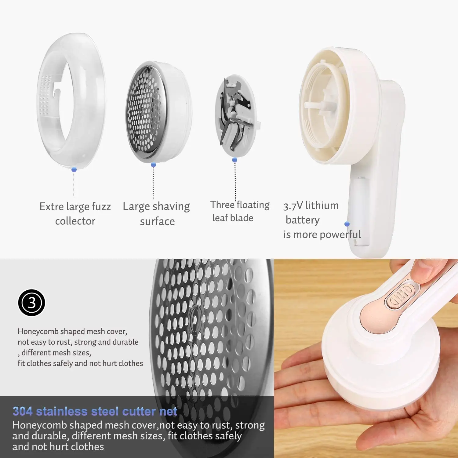 Rechargeable Fabric Shaver Defuzzer, USB Handheld Lint Remover Stainless Steel 3-Blades for Removing Clothes Fuzz, Lint, Pills,