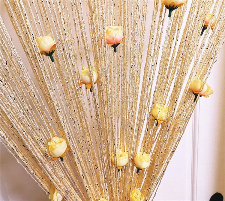 Tassel String Curtain Panels with Artificial Rose Flower Hanging Beaded Fringe Fabric Wedding Living Room Divider Curtains