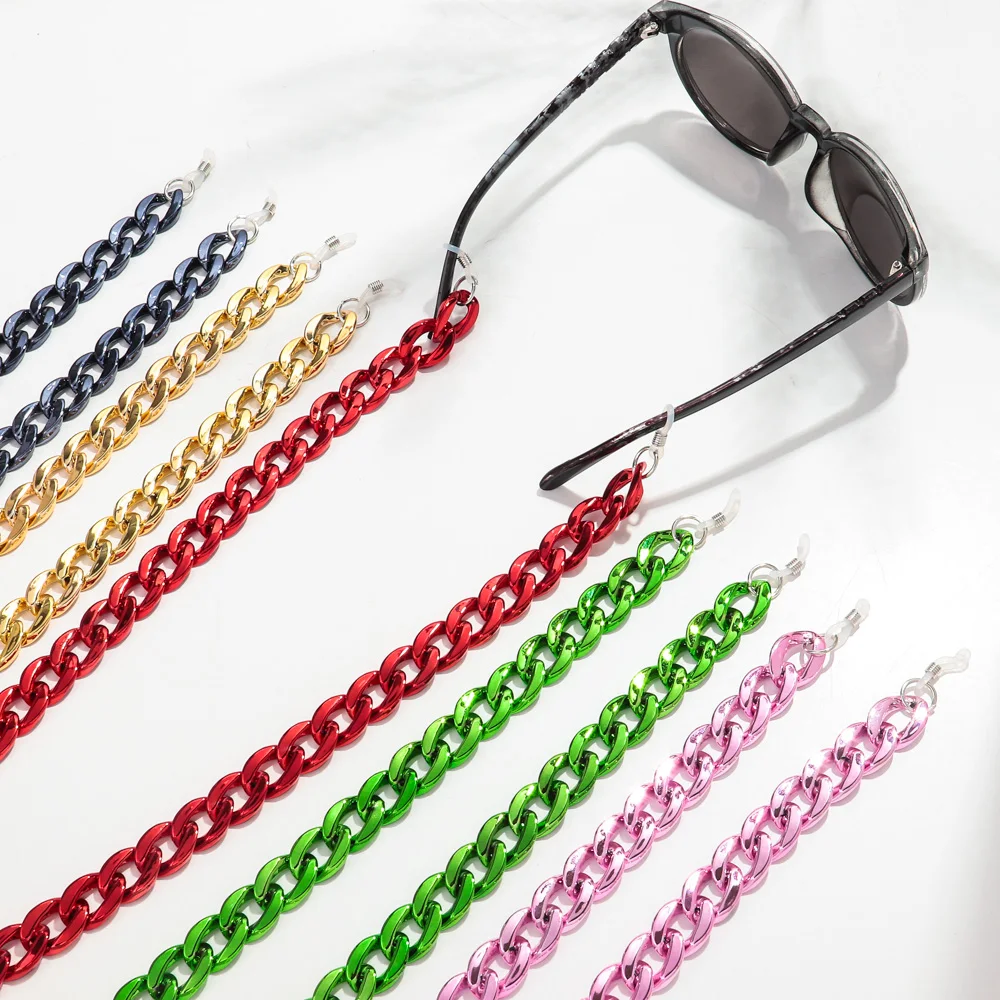 High Quality 2024 Shiny Hip Hop Metal Color Plated Chain 70cm Sunglasses Chain Acrylic Eyewear Accessories