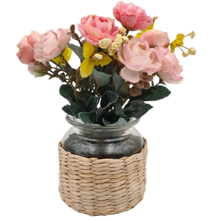 Rattan Wire Seagrass Wrapped Straw Glass Dry Flower Bottle Vase Rustic Farmhouse Decorative Creative Rope Net Pot