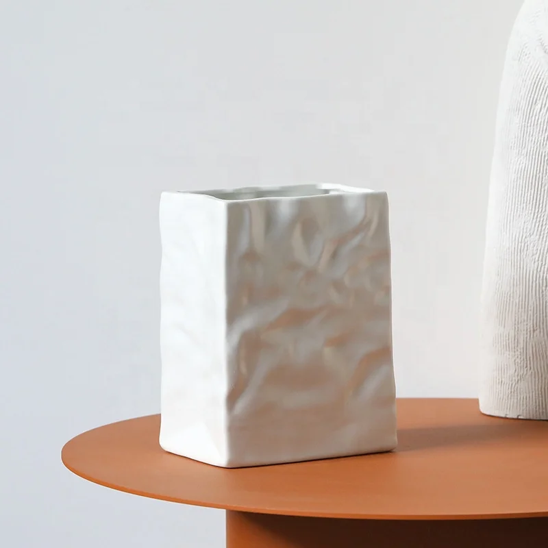 Modern Trendy Home Dining Room Table Centerpiece Unique Square Wide Mouth Pleated Decor White Crinkle Paper Bag ceramic vase