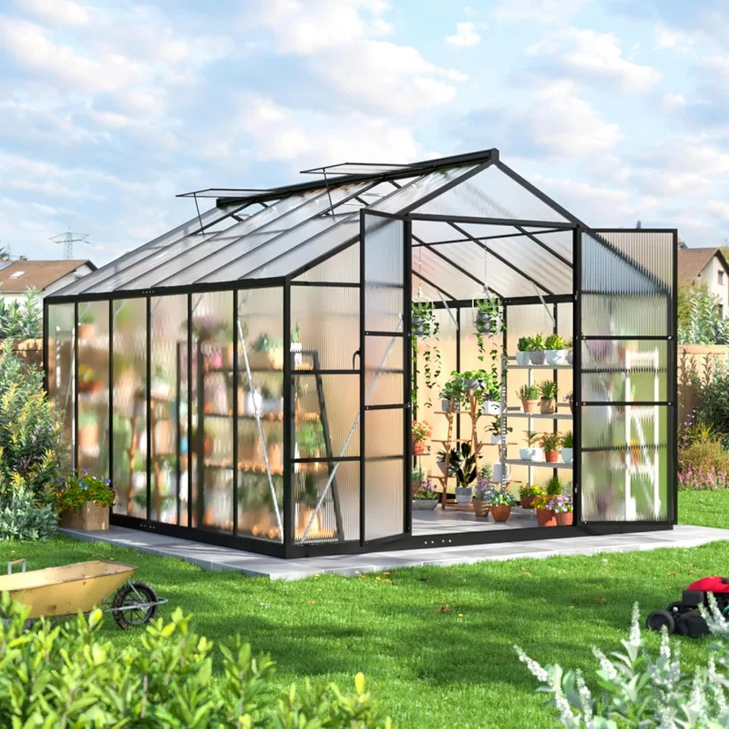 Outdoor Aluminum Polycarbonate Greenhouse with Ventilation Doors Walk in Greenhouse for Outdoors Backyard