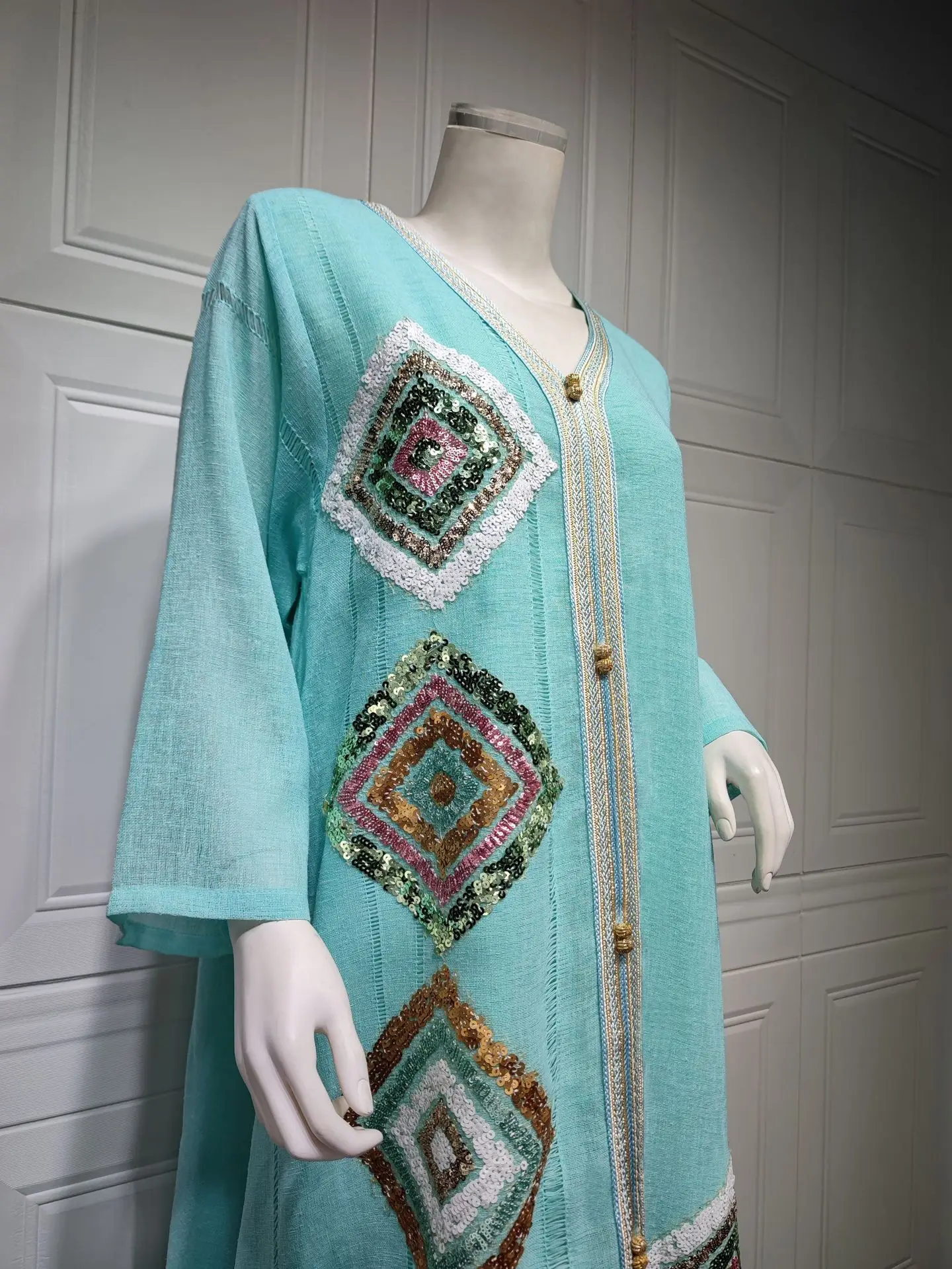 LYZAB185 Cotton Linen Four Side Sequin Embroidery Floral Skirt Skin Color Loose Elegant Abaya Muslim Fashion Gown Dress