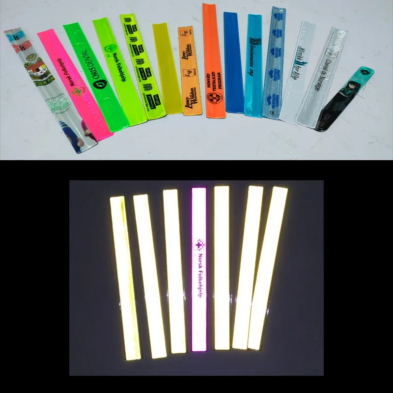 customized good quality reflective pvc bracelet slap wrap snap on wrist leg band reflex wristband armband for evening cycling