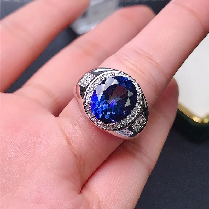 925 Silver Inlaid Natural Tanzanite Topaz Open Ring for Men