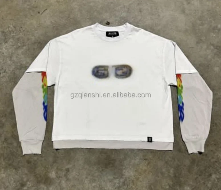 Custom round neck 240 gsm cotton Oversized Vintage Distressed Acid Wash boxy T Shirts black Double Layer Long Sleeve T-shirts