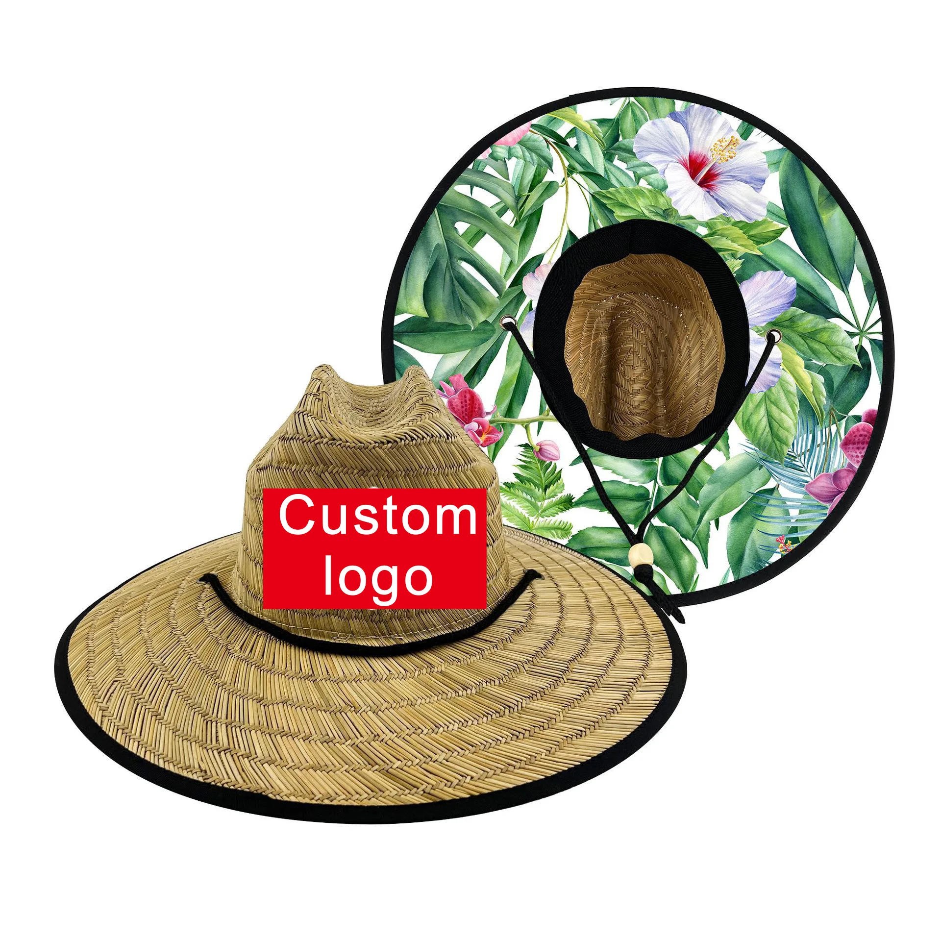 High Quality LOGO  Beach Sun Protection Natural Grass Lifeguard Hats Custom Printed Bottom MexicaAn Straw Hat