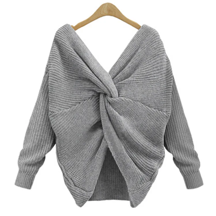 Spring and autumn sexy V neck dew back knit unlined upper garment cross on the back of loose versatile long sleeve sweater