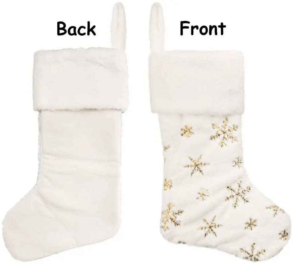 Large size sublimated white plush embroidered snowflake Christmas stocking custom made