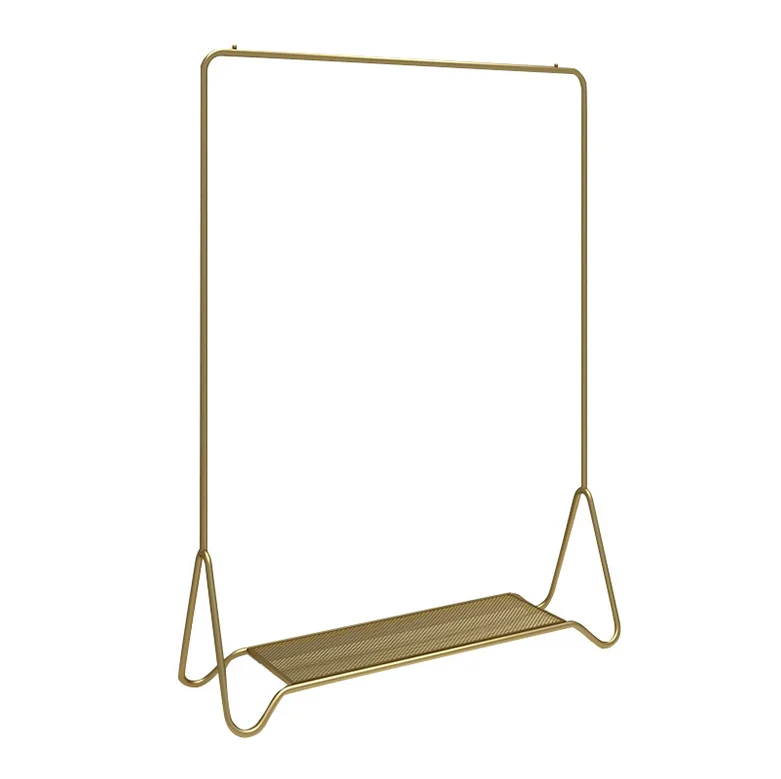 Gold metal retail clothing display rack store fitting display floor style clothing boutique clothing rack with shelves