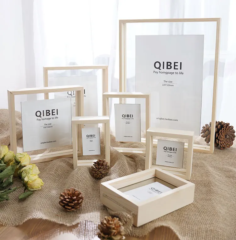 wholesale transparent double sided glass picture wooden frame and acrylic painting floating photo frame wall art marco