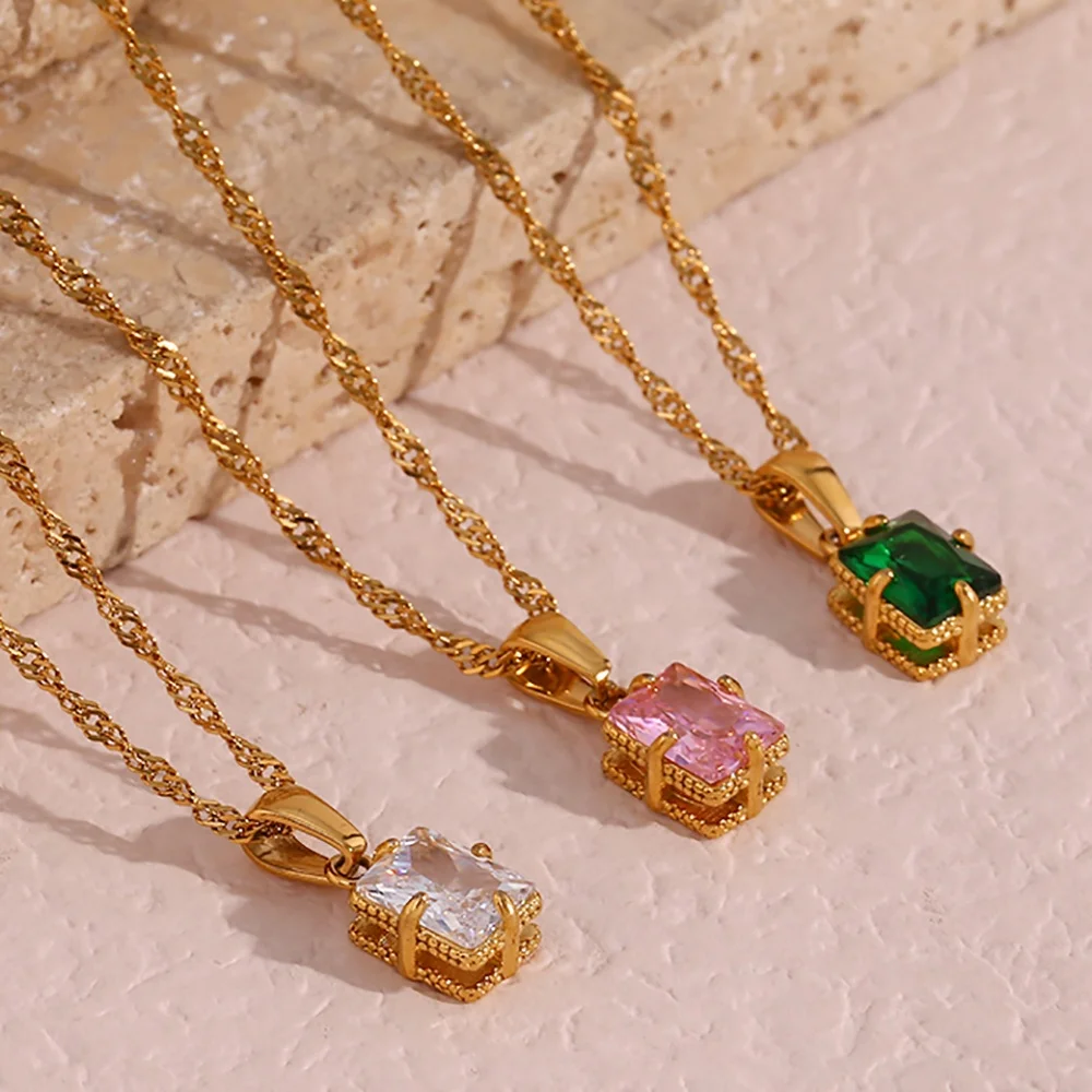 Shining Square Zircon Pendant Necklace 18K Gold Plated Stainless Steel Necklace For Women