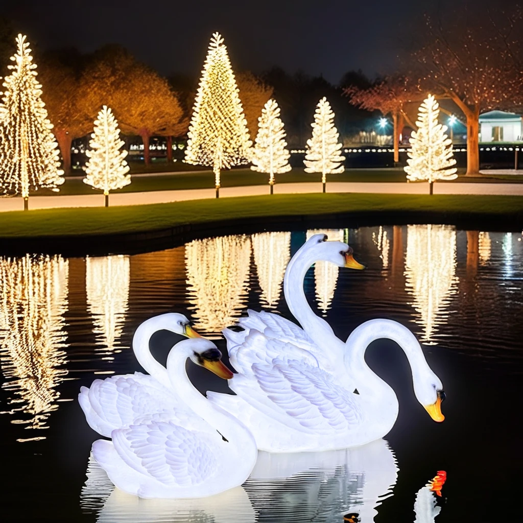 Outdoor Christmas Decoration IP65 Rated White Resin Swan Sculpture Square Street Light-Up Holiday Artwork