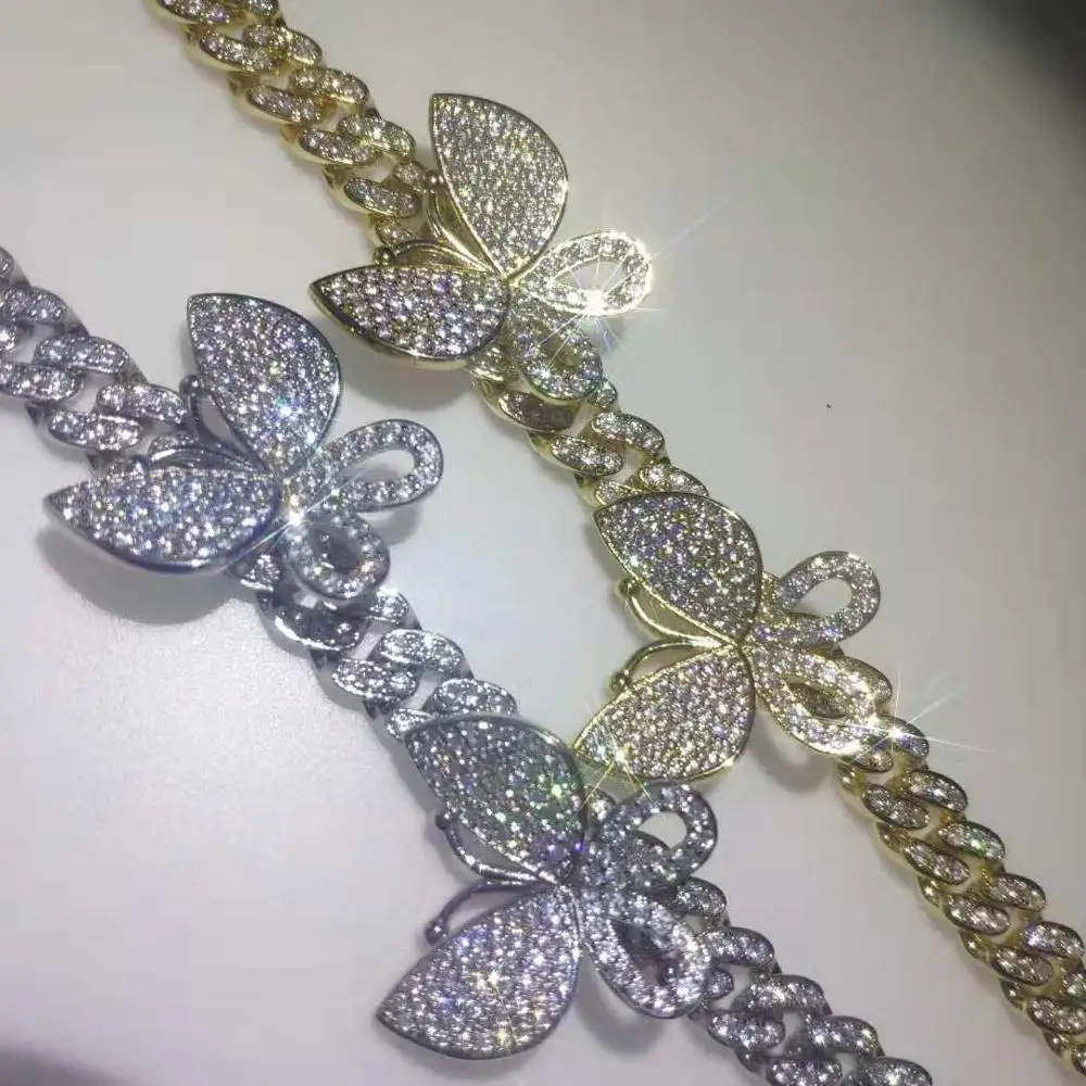 
Top Sale Women Fashion Jewelry Clear CZ Butterfly Cuban Link Chain Necklaces Iced Out Butterfly Necklaces 