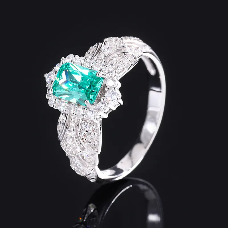 Jewelry S925 Silver simulation green tourmaline square 3 carat retro style ring main stone 5*7