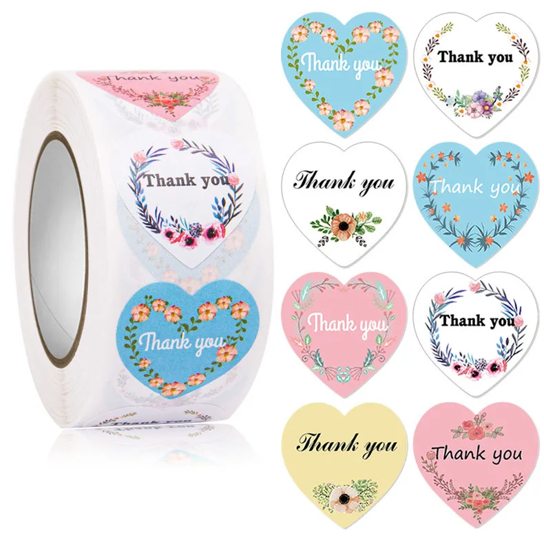 High Quality Label Self Adhesive 1 inch Colorful Smile Heart Thank you Stickers 500 Roll For Seal