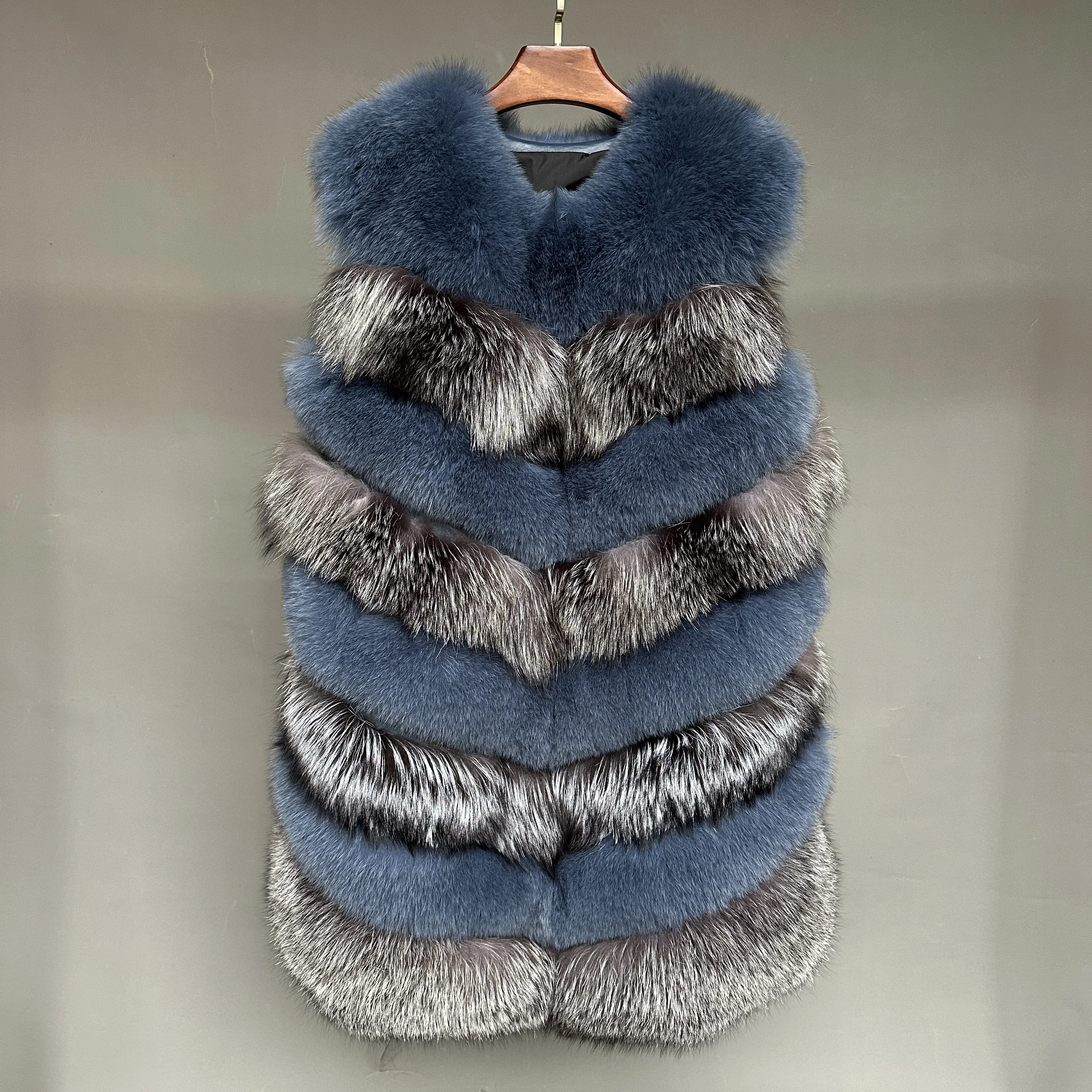Multicolor Genuine Fur Stitching Vest Female Striped Silver Fox Fur Long Vest Women Winter Real Fur Gilet
