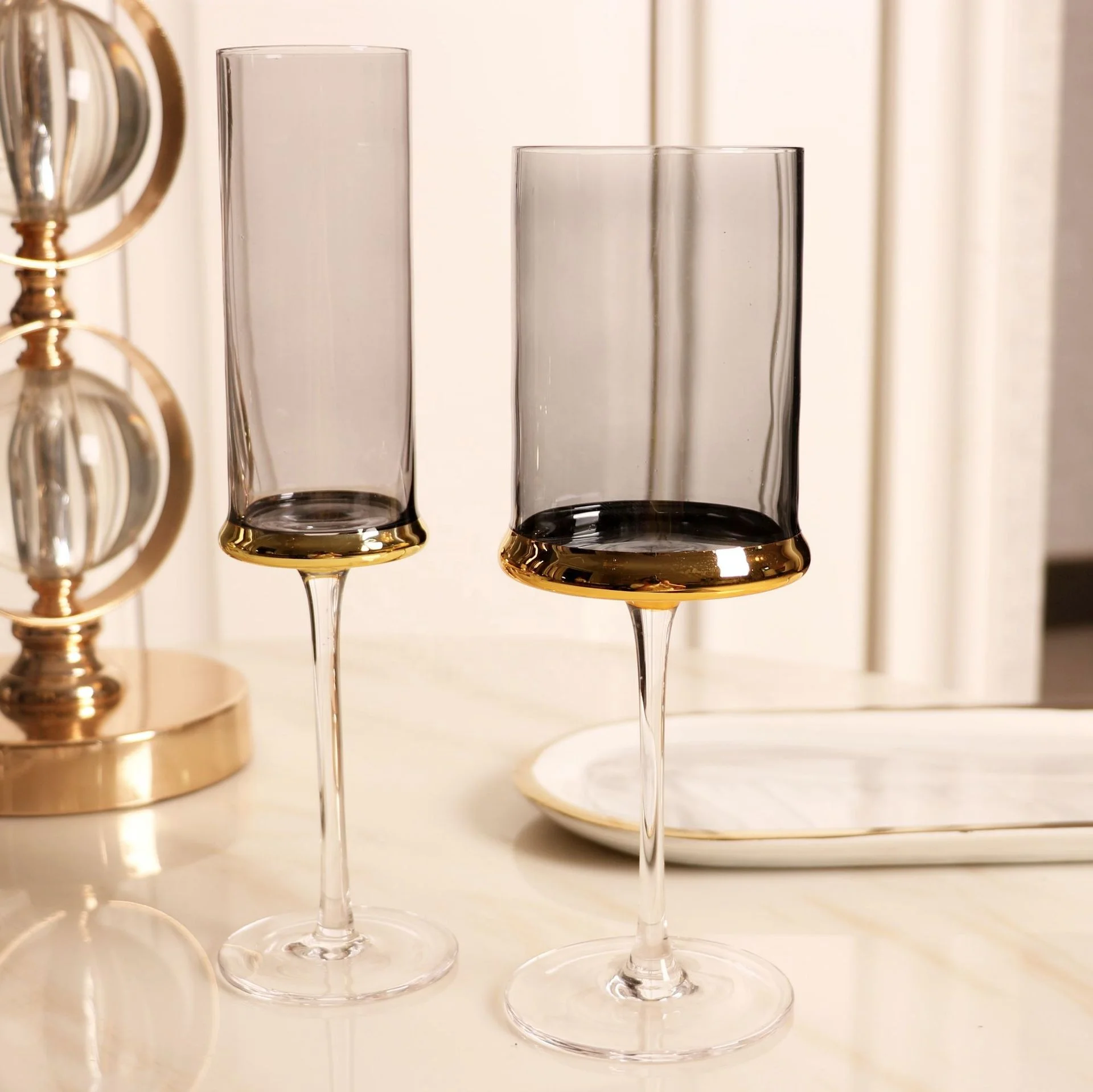 Wholesale Custom Fancy Luxury Crystal Gold Wedding Coupe long stem pink champagne flute glasses