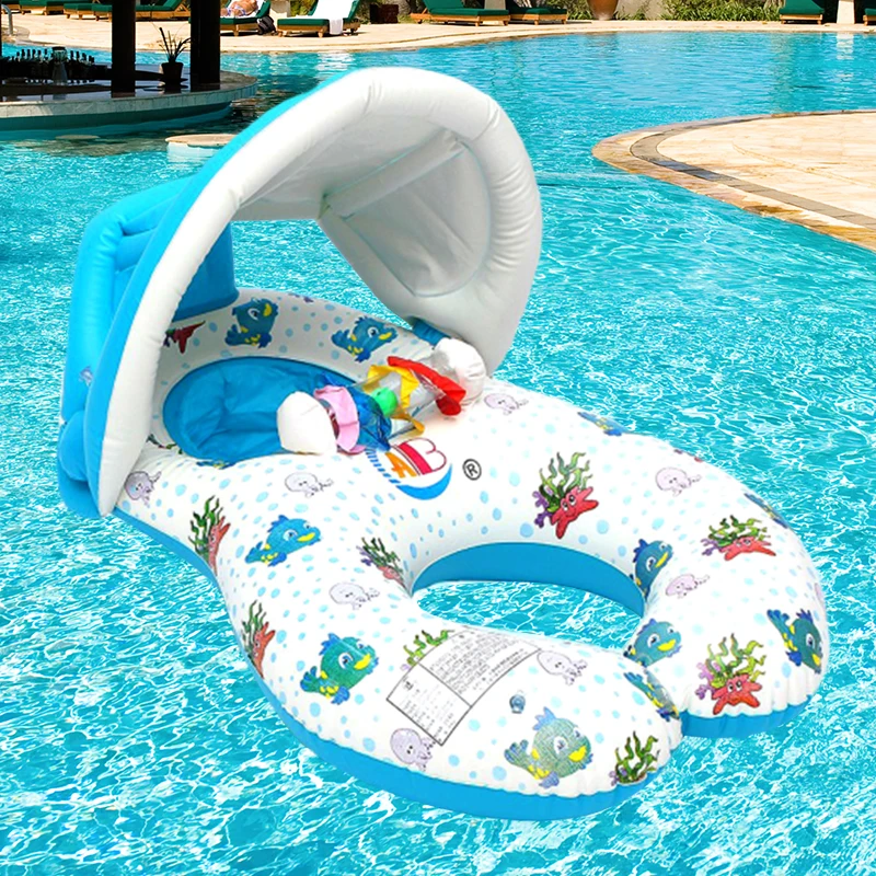 
Portable Baby Pool Float Neck Ring With Subshade Portable Mother Children Swim Circle Inflatable Safety Swimming Ring Float Seat 