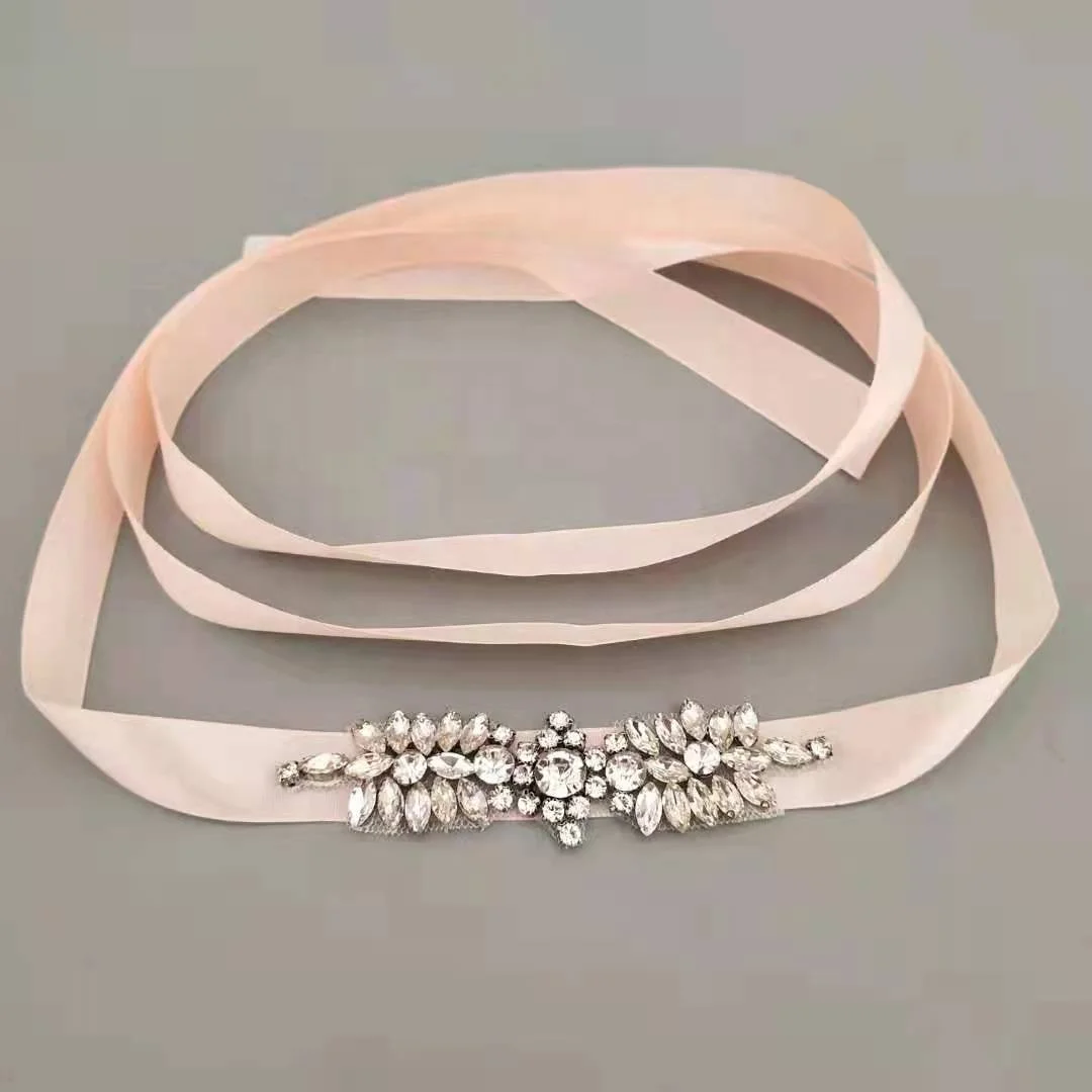 Baby Pink Ribbon Sash belt,Small Rhinestone Applique Handmade Beaded Kids Dress Belt