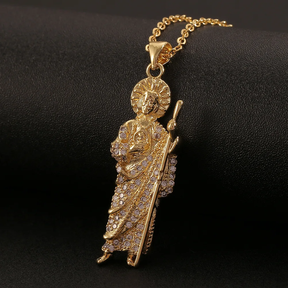 Top Quality Jewelry Non Tarnish Zirconia Micro Pave 18k Gold Plated 3D San Judas Tadeo Santa Muerte Pendant Necklace for Men