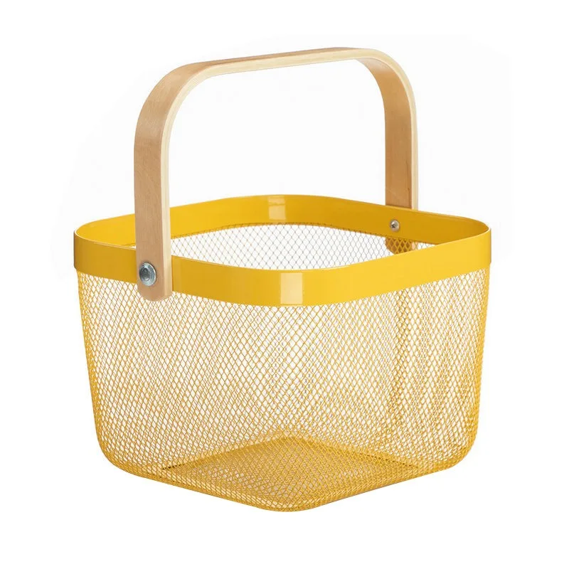 New Arrival Portable With Wood Handle Metal Kitchen Vegetable Storage Basket Fruit Basket